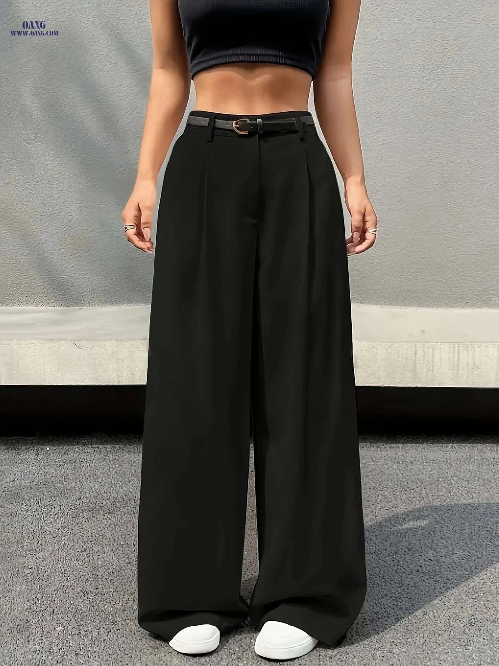 Elegant High Waist Straight Leg Pants - Women's Casual Workwear   OAXG Black / S