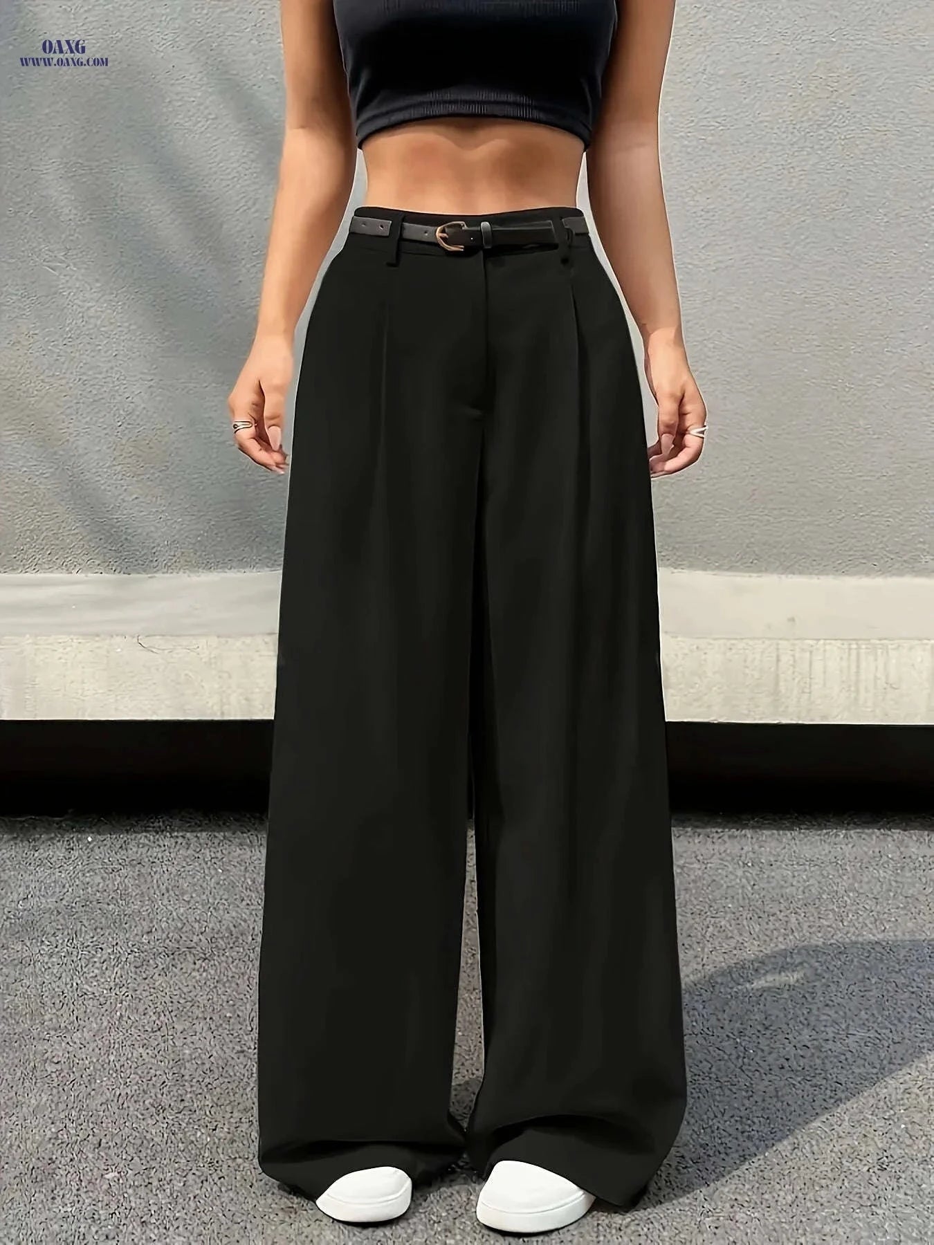 Elegant High Waist Straight Leg Pants - Women's Casual Workwear   OAXG Black / S