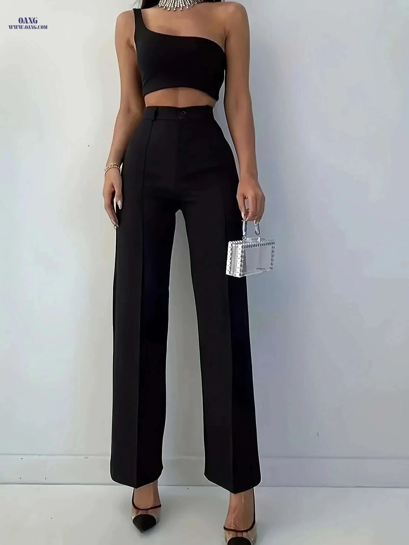 Elegant High-Waisted Black Polyester Pants - Straight Leg Design   OAXG Black / XS