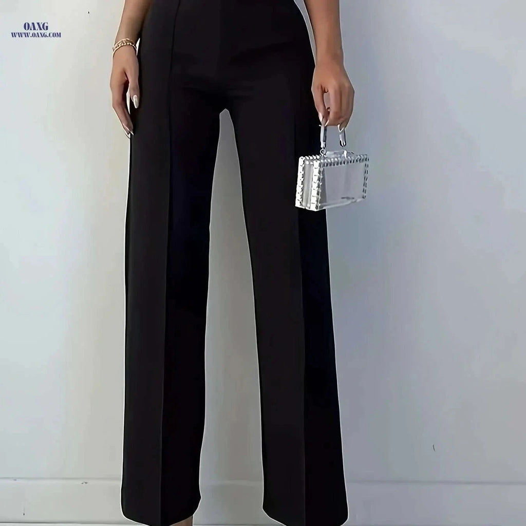Elegant High-Waisted Black Polyester Pants - Straight Leg Design   OAXG Black / XS