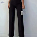 Elegant High-Waisted Black Polyester Pants - Straight Leg Design   OAXG Black / XS