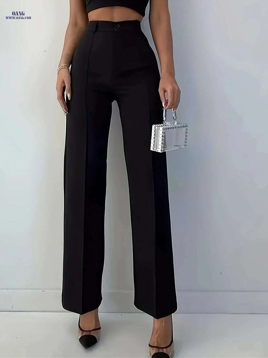 Elegant High-Waisted Black Polyester Pants - Straight Leg Design   OAXG Black / XS