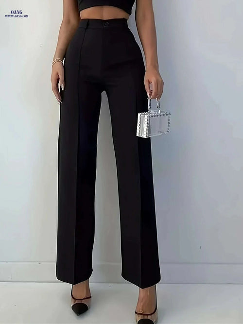 Elegant High-Waisted Black Polyester Pants - Straight Leg Design   OAXG Black / XS