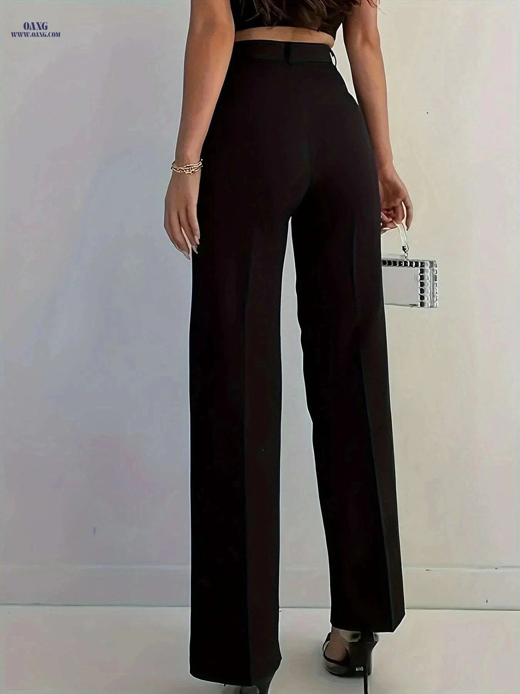 Elegant High-Waisted Black Polyester Pants - Straight Leg Design   OAXG Black / XS