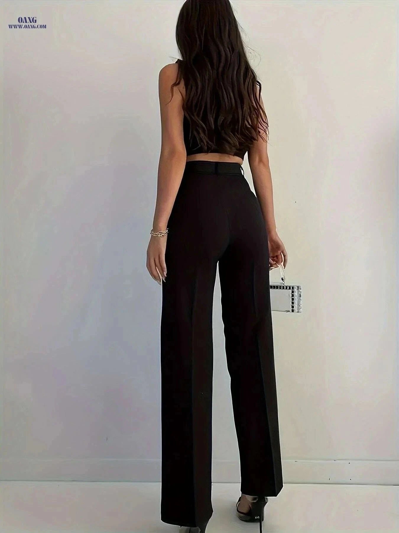 Elegant High-Waisted Black Polyester Pants - Straight Leg Design   OAXG Black / XS