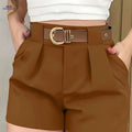 Elegant High-Waisted Brown Casual Shorts - Pleated Detail & Button   OAXG 