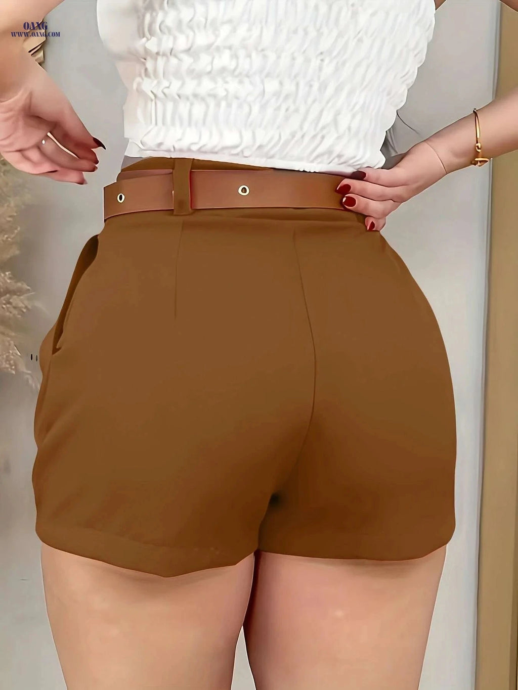 Elegant High-Waisted Brown Casual Shorts - Pleated Detail & Button   OAXG 
