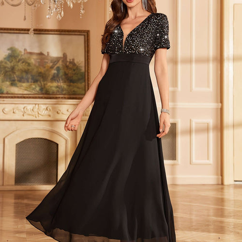 Elegant High-Waisted Evening Gown - Deep V-Neck & Sequin Design   OAXG 