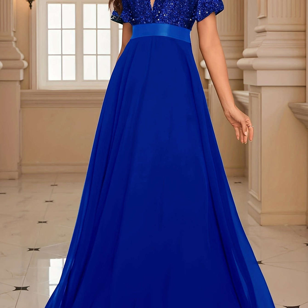 Elegant High-Waisted Evening Gown - Deep V-Neck & Sequin Design   OAXG 