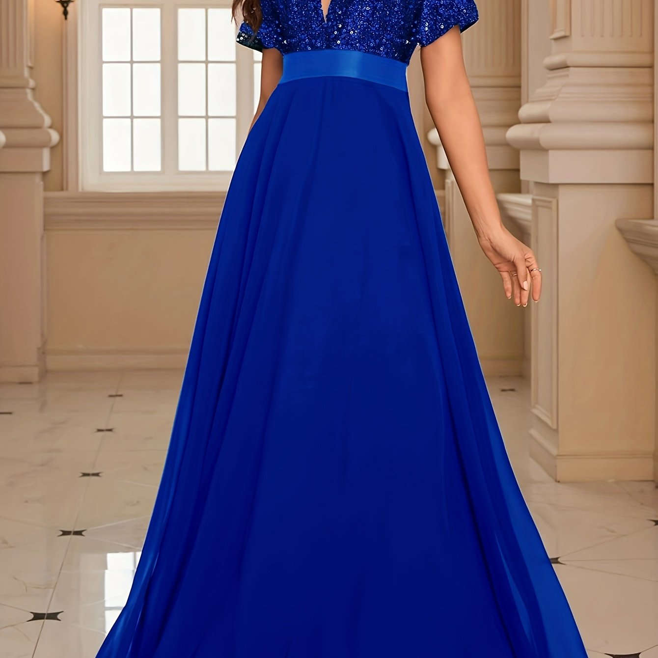 Elegant High-Waisted Evening Gown - Deep V-Neck & Sequin Design   OAXG 