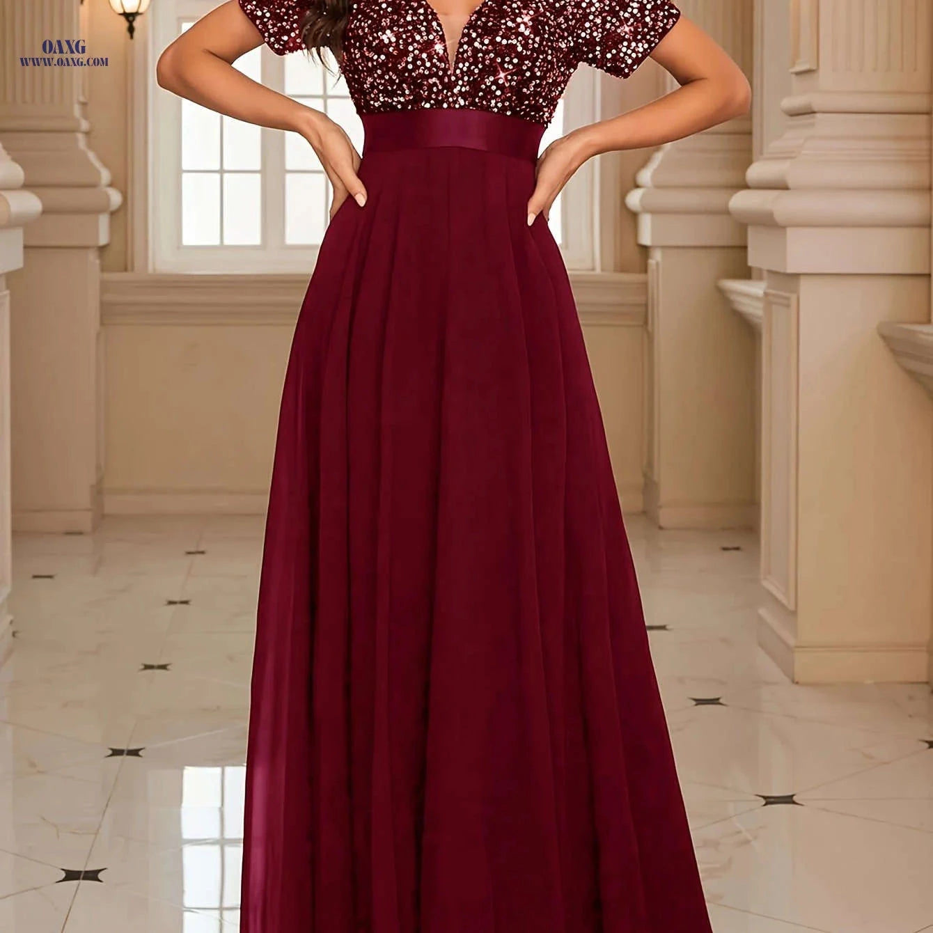Elegant High-Waisted Evening Gown - Deep V-Neck & Sequin Design   OAXG Black / XS