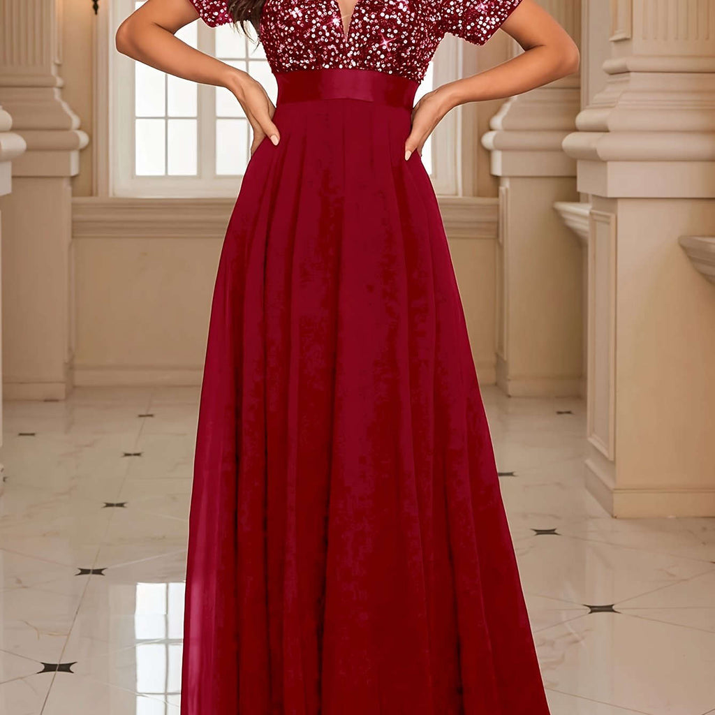 Elegant High-Waisted Evening Gown - Deep V-Neck & Sequin Design   OAXG 