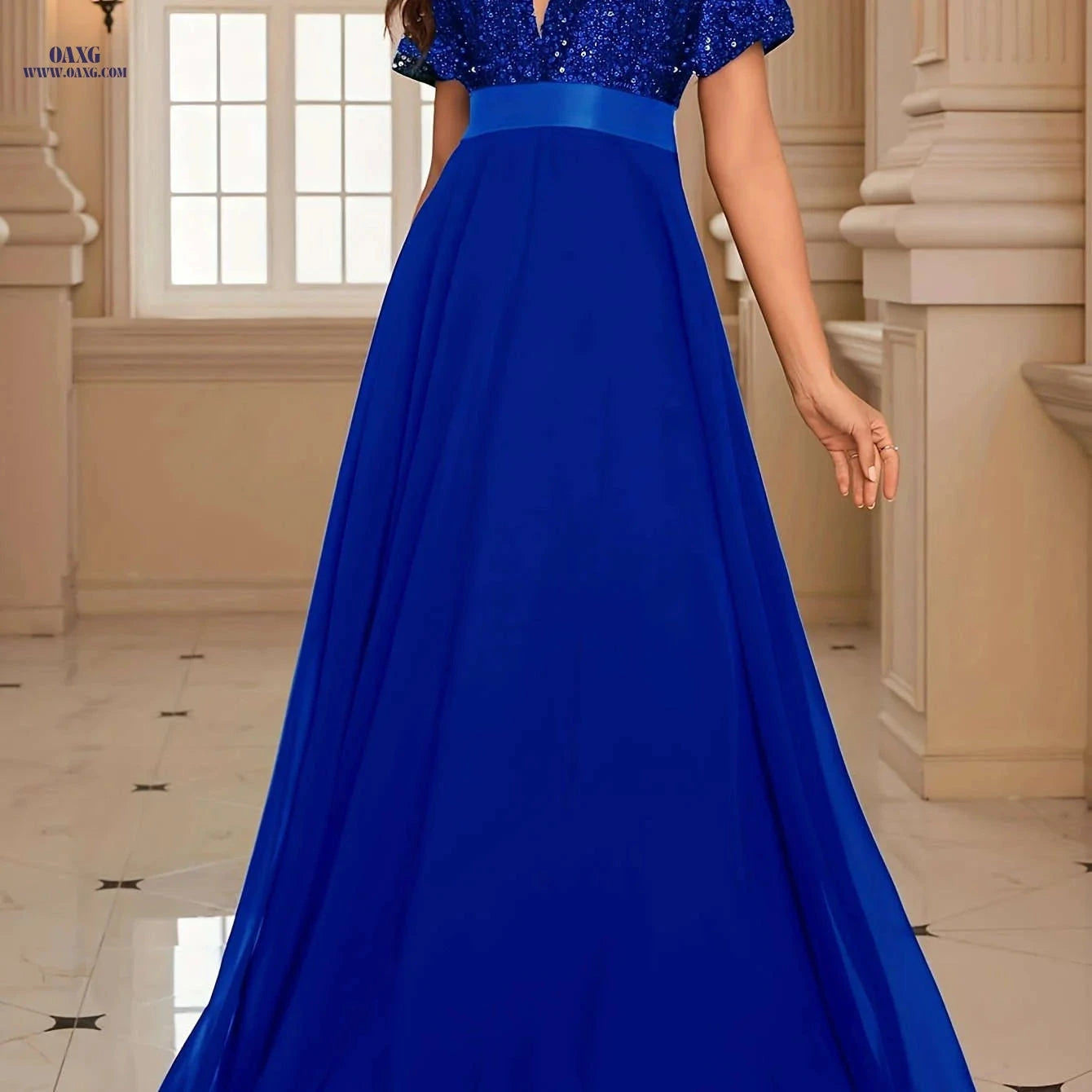 Elegant High-Waisted Evening Gown - Deep V-Neck & Sequin Design   OAXG 