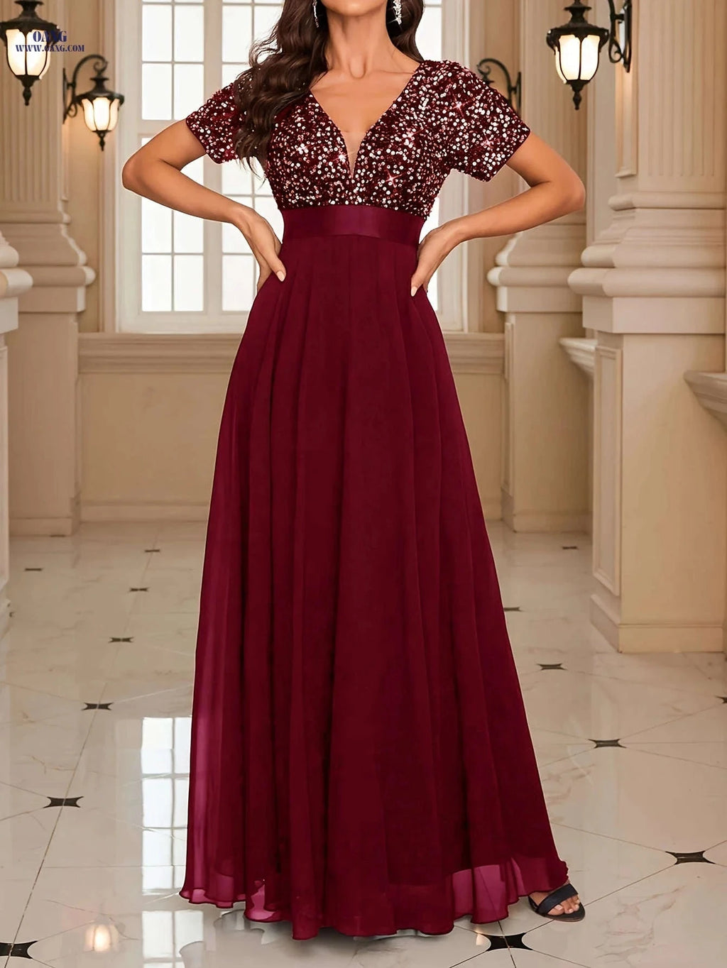 Elegant High-Waisted Evening Gown - Deep V-Neck & Sequin Design   OAXG 