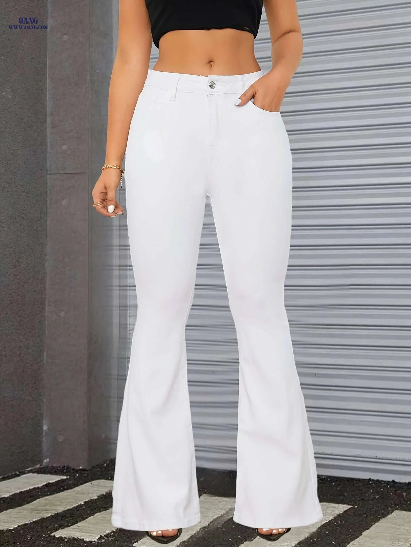 Elegant High-Waisted Flare Jeans - Slim Fit White Denim for Women   OAXG White / XS