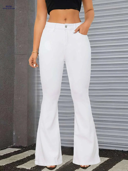 Elegant High-Waisted Flare Jeans - Slim Fit White Denim for Women   OAXG White / XS