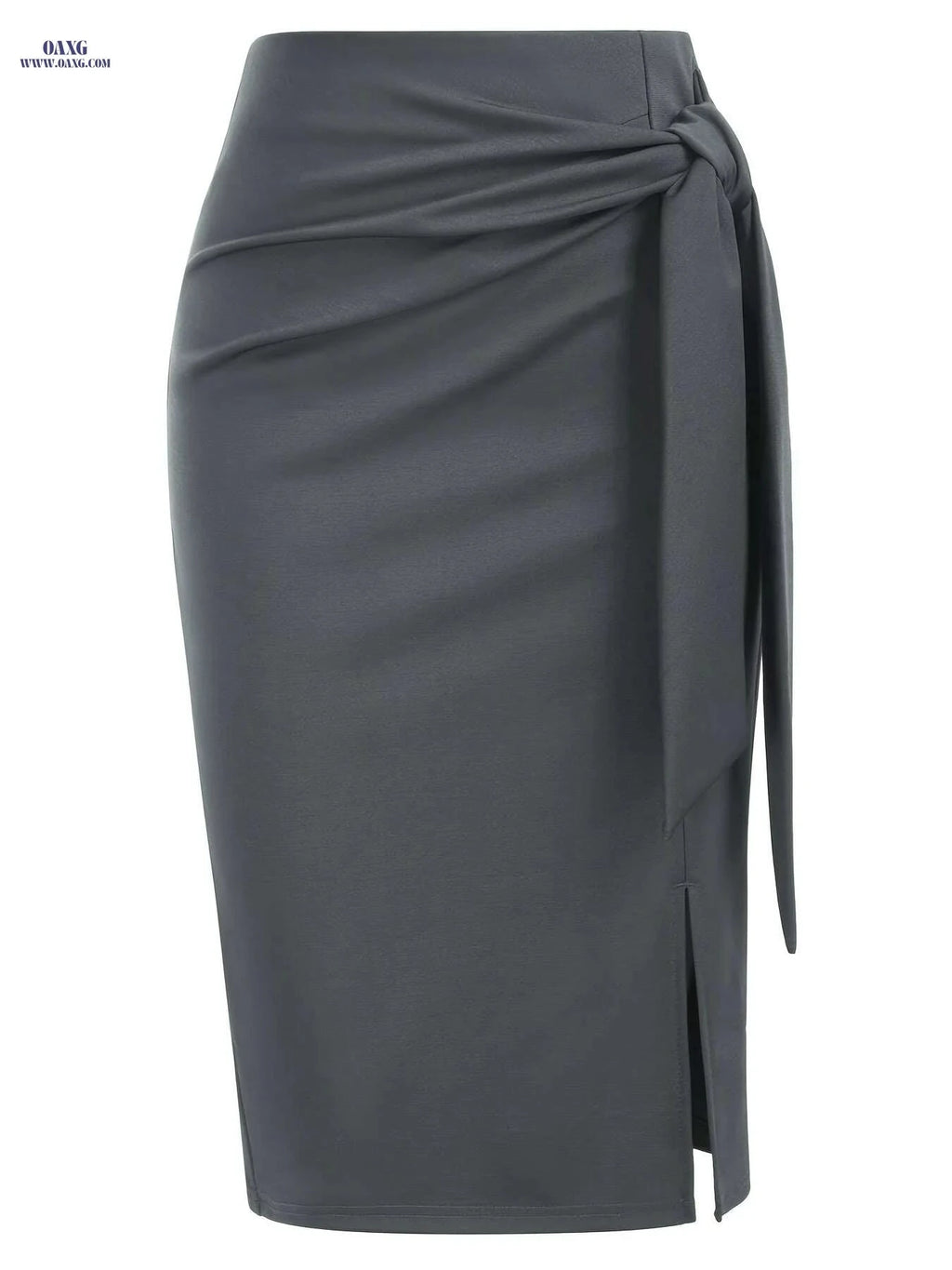 Elegant High-Waisted Knee-Length Skirt with Bow and Slit for Women   OAXG 