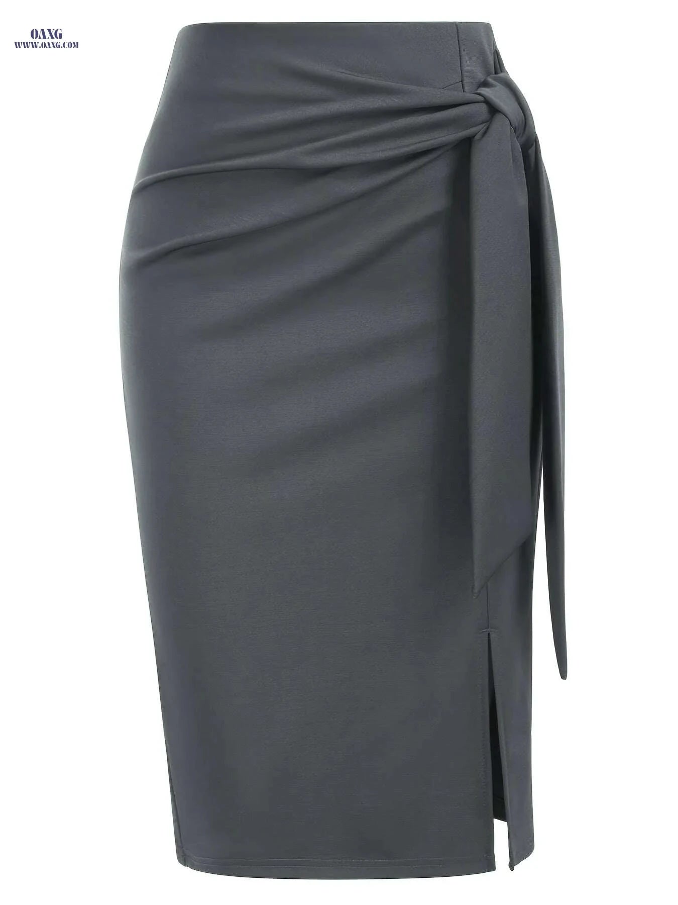 Elegant High-Waisted Knee-Length Skirt with Bow and Slit for Women   OAXG 