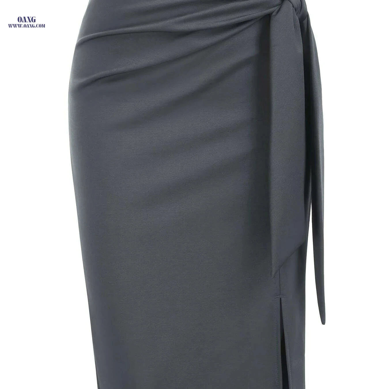 Elegant High-Waisted Knee-Length Skirt with Bow and Slit for Women   OAXG 
