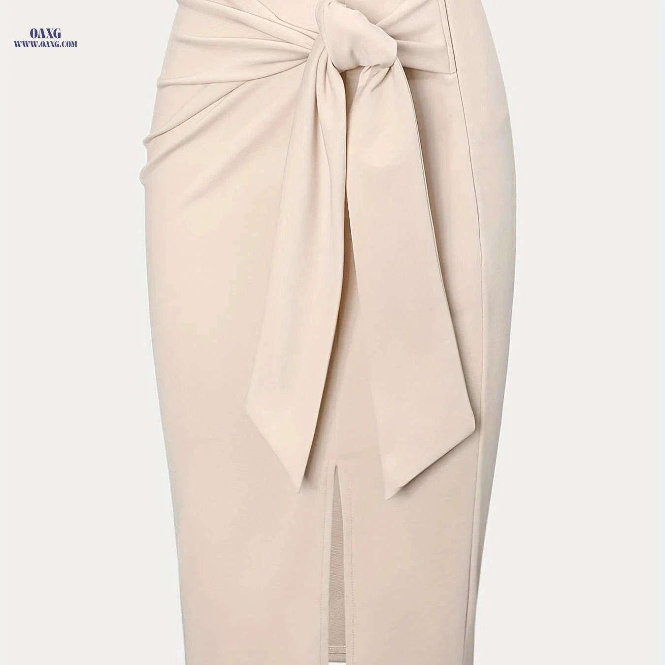 Elegant High-Waisted Knee-Length Skirt with Bow and Slit for Women   OAXG Black / S