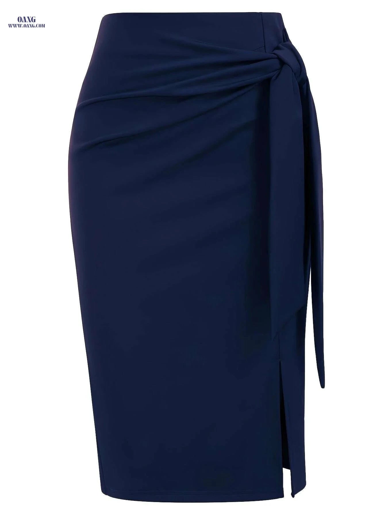 Elegant High-Waisted Knee-Length Skirt with Bow and Slit for Women   OAXG Black / S