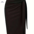 Elegant High-Waisted Knee-Length Skirt with Bow and Slit for Women   OAXG Black / S