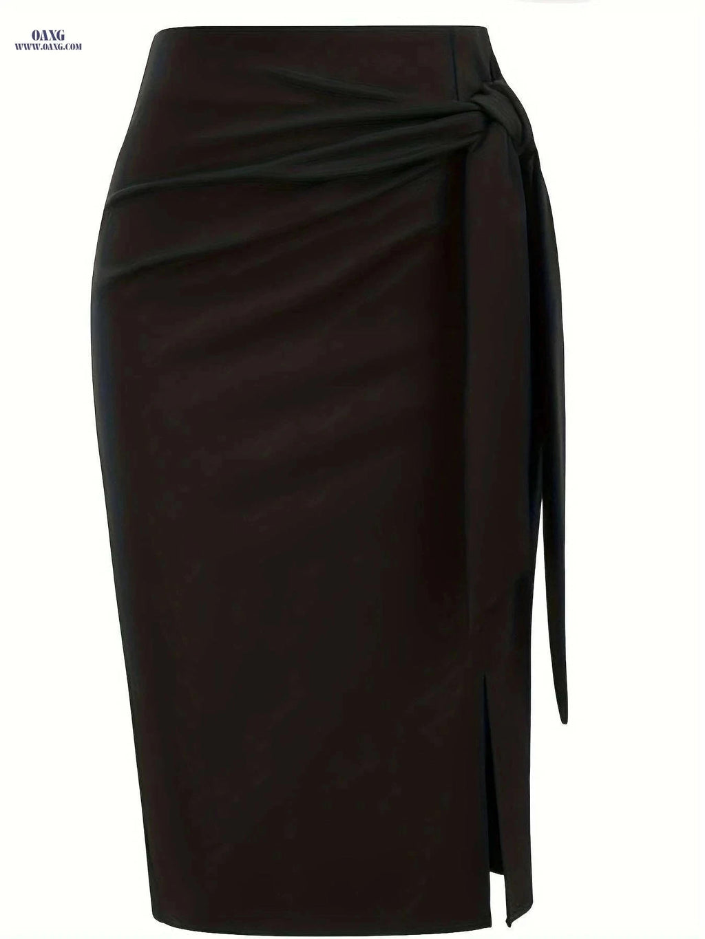 Elegant High-Waisted Knee-Length Skirt with Bow and Slit for Women   OAXG Black / S