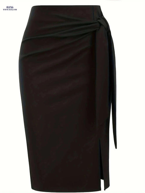 Elegant High-Waisted Knee-Length Skirt with Bow and Slit for Women   OAXG Black / S