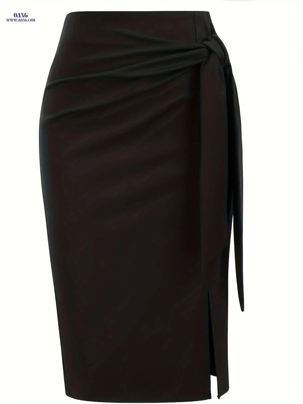 Elegant High-Waisted Knee-Length Skirt with Bow and Slit for Women   OAXG Black / S