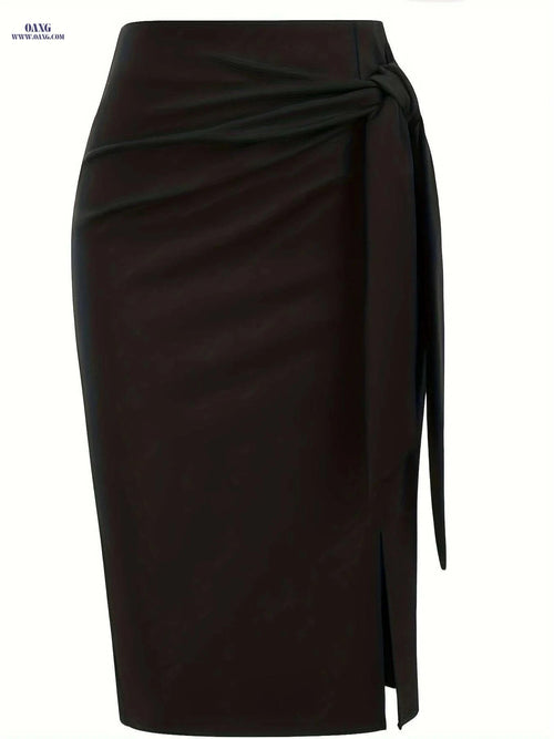 Elegant High-Waisted Knee-Length Skirt with Bow and Slit for Women   OAXG Black / S
