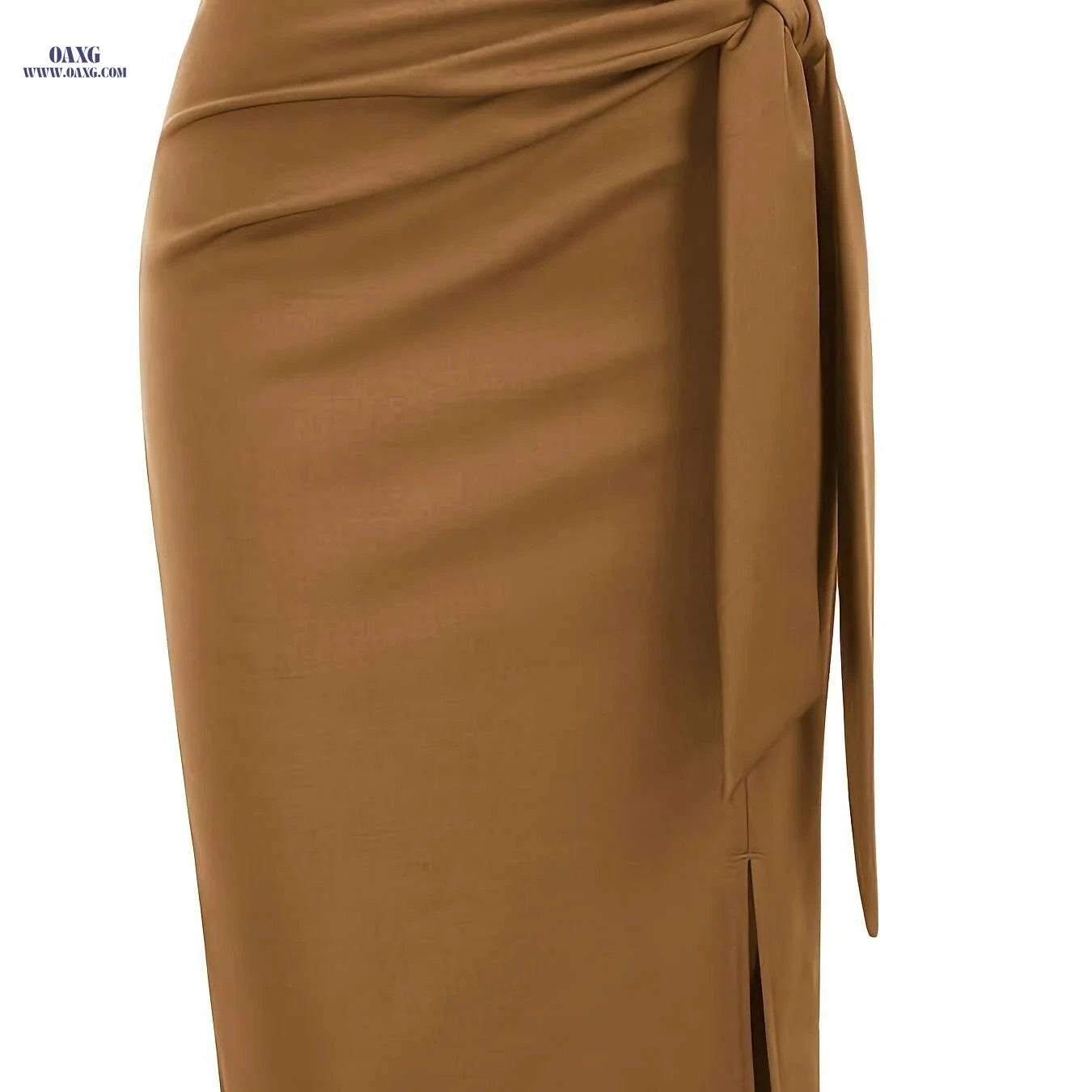 Elegant High-Waisted Knee-Length Skirt with Bow and Slit for Women   OAXG Black / S
