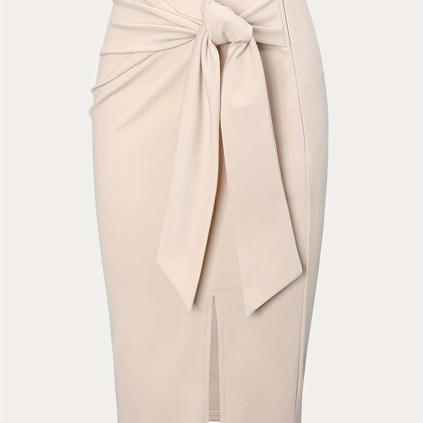Elegant High-Waisted Knee-Length Skirt with Bow and Slit for Women   OAXG Black / S