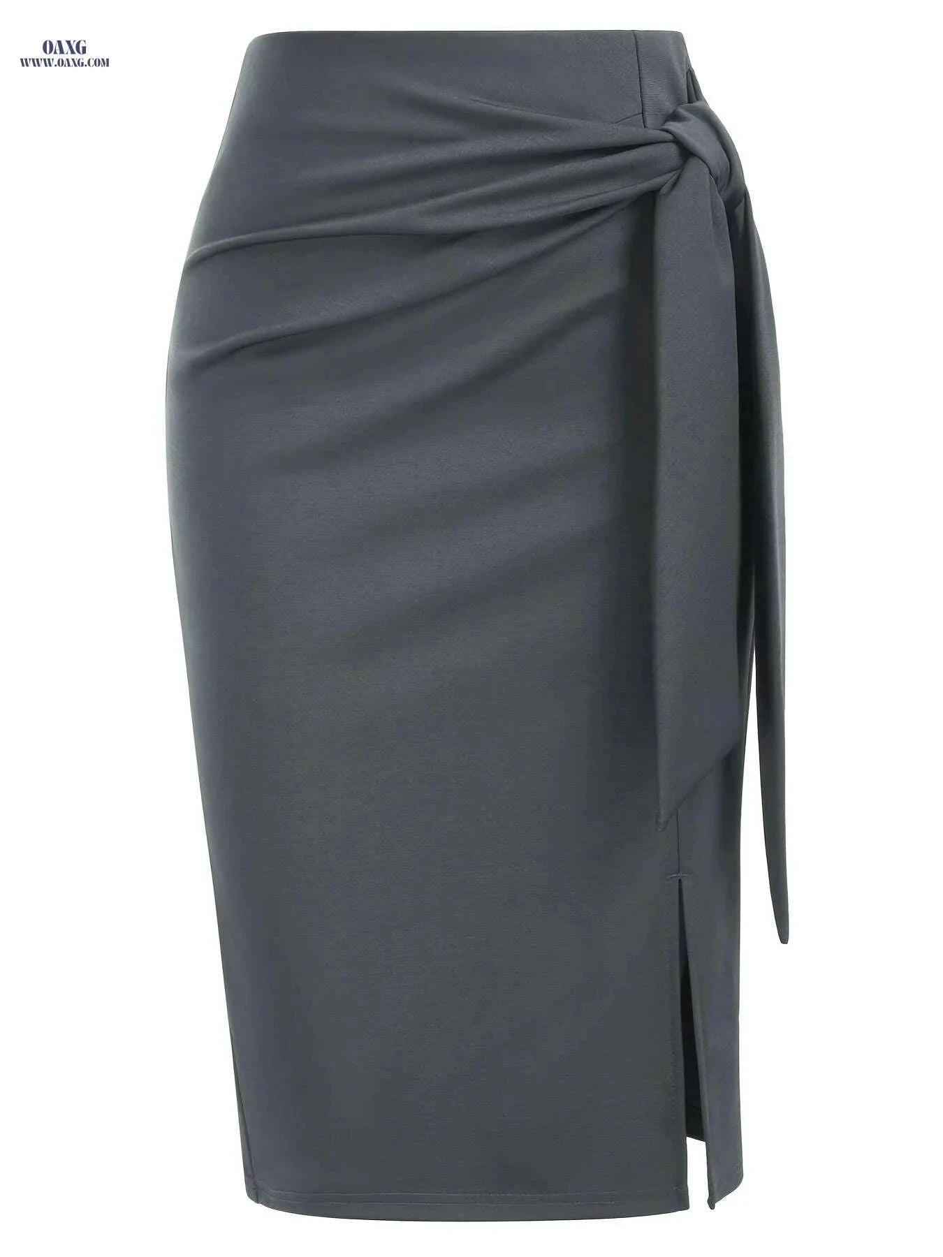 Elegant High-Waisted Knee-Length Skirt with Bow and Slit for Women   OAXG Black / S