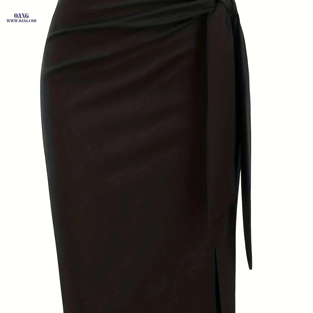 Elegant High-Waisted Knee-Length Skirt with Bow and Slit for Women   OAXG Black / S