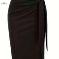 Elegant High-Waisted Knee-Length Skirt with Bow and Slit for Women   OAXG Black / S