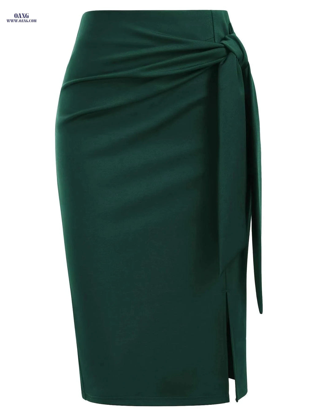 Elegant High-Waisted Knee-Length Skirt with Bow and Slit for Women   OAXG Black / S