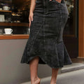 Elegant High-Waisted Mermaid Denim Midi Skirt - Vintage Flare Hem   OAXG 