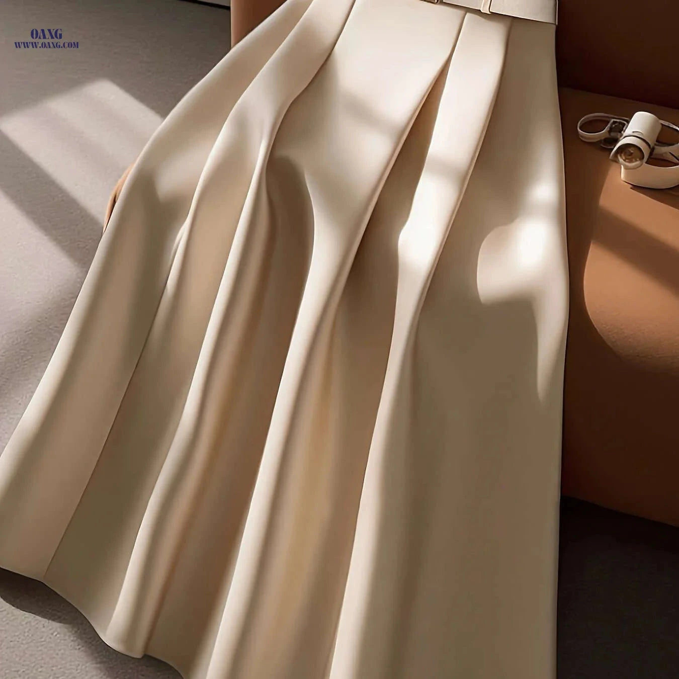 Elegant High-Waisted Pleated Maxi Skirt with Belt - All-Season Style   OAXG 