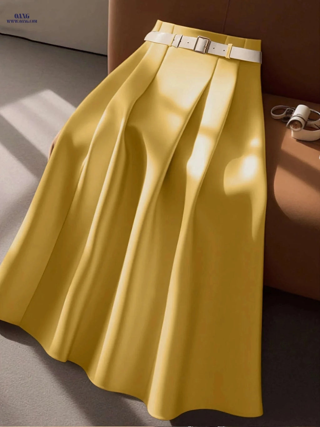 Elegant High-Waisted Pleated Maxi Skirt with Belt - All-Season Style   OAXG 