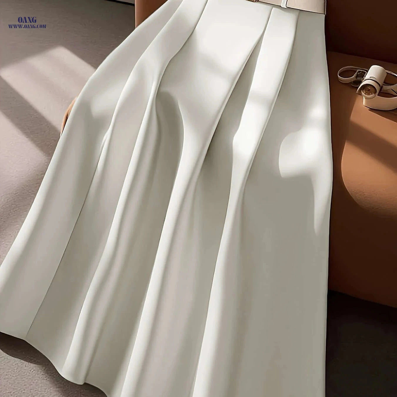Elegant High-Waisted Pleated Maxi Skirt with Belt - All-Season Style   OAXG Apricot / S