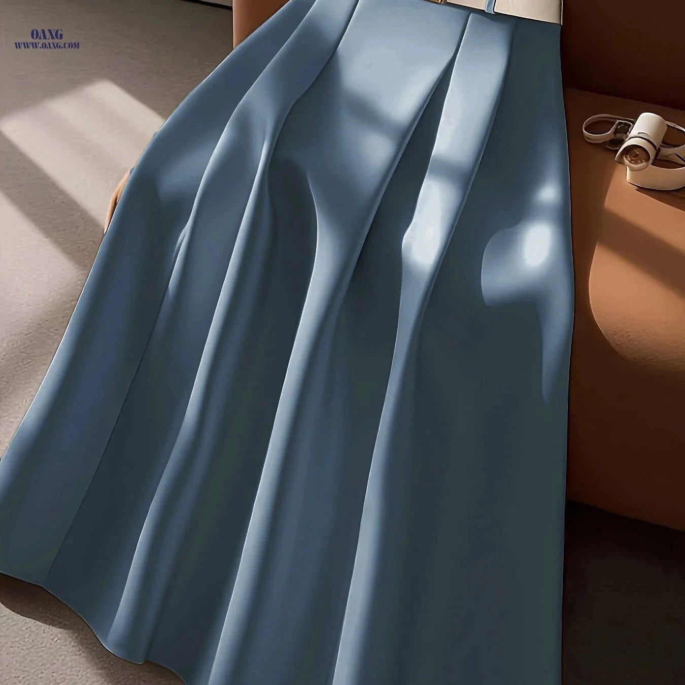 Elegant High-Waisted Pleated Maxi Skirt with Belt - All-Season Style   OAXG Apricot / S