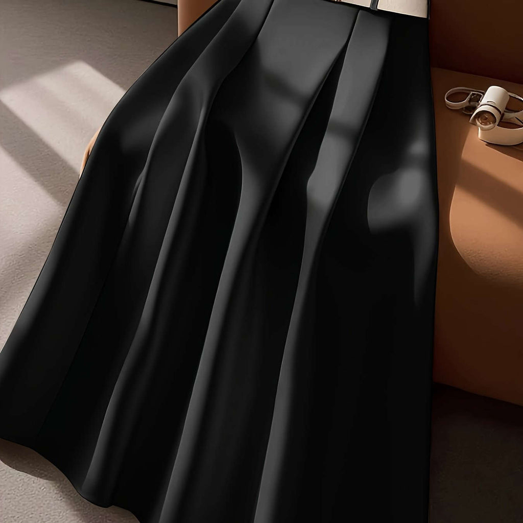 Elegant High-Waisted Pleated Maxi Skirt with Belt - All-Season Style   OAXG Apricot / S