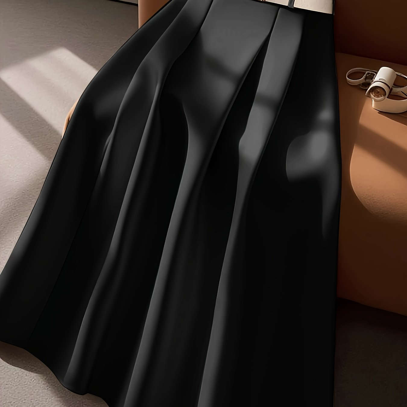 Elegant High-Waisted Pleated Maxi Skirt with Belt - All-Season Style   OAXG Apricot / S