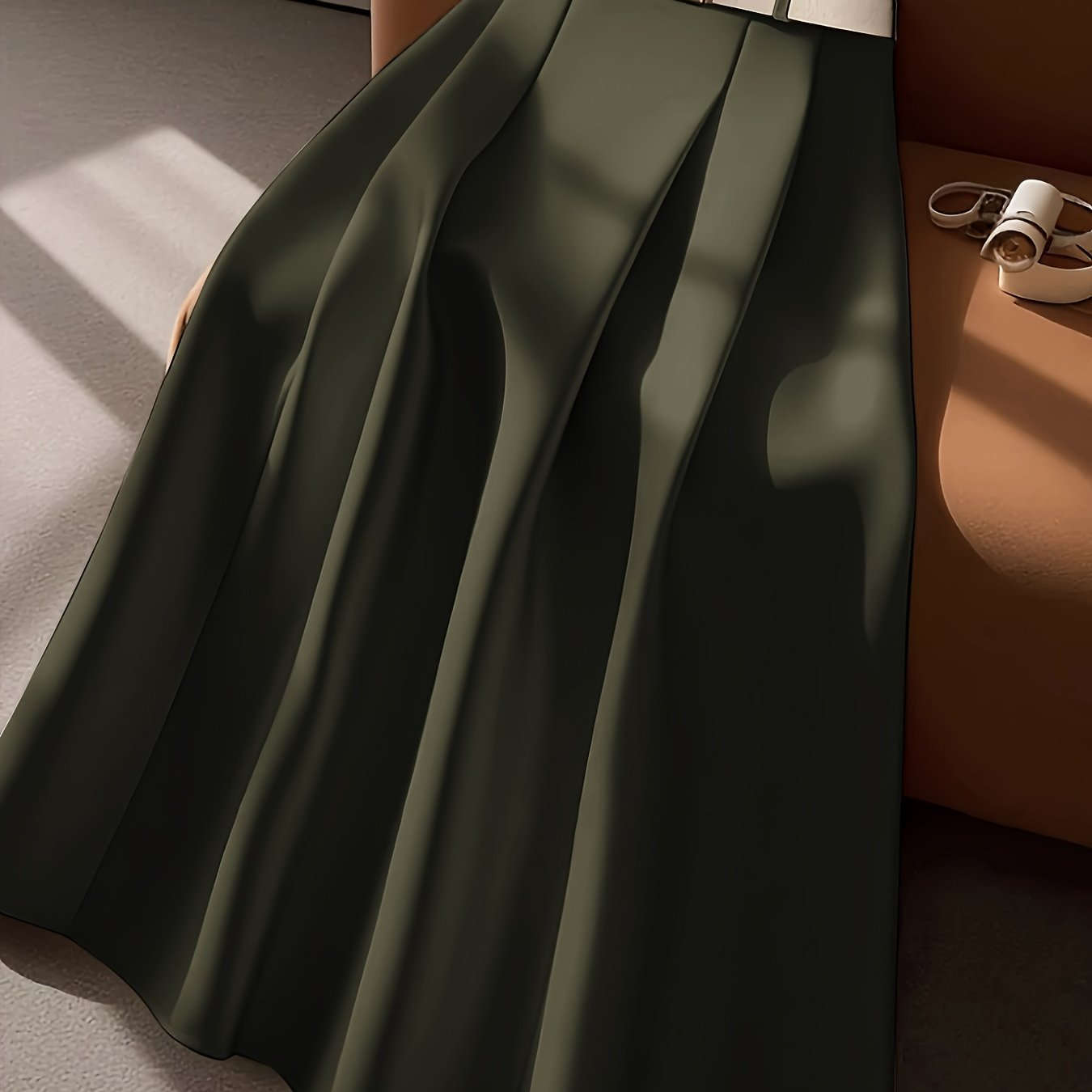 Elegant High-Waisted Pleated Maxi Skirt with Belt - All-Season Style   OAXG Apricot / S