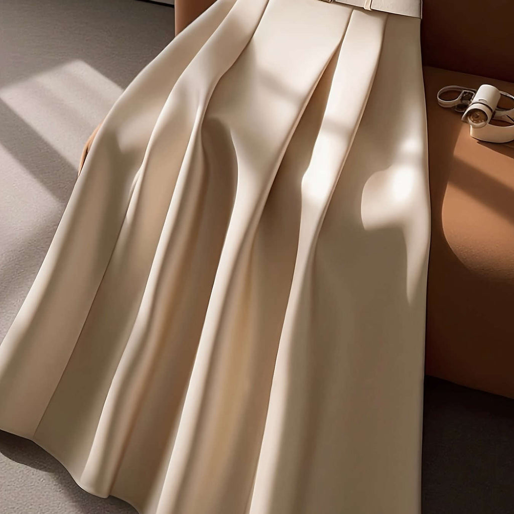 Elegant High-Waisted Pleated Maxi Skirt with Belt - All-Season Style   OAXG 