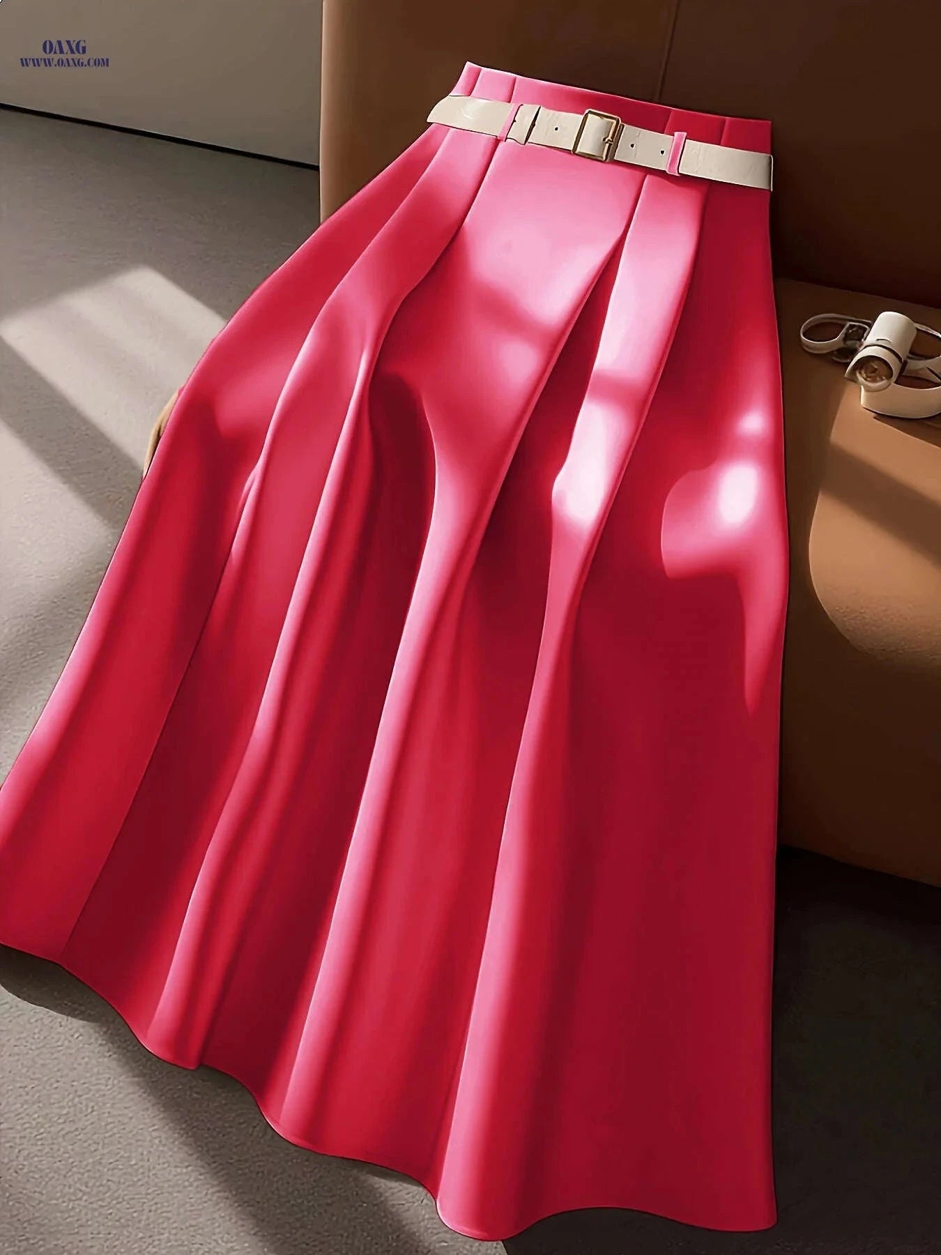 Elegant High-Waisted Pleated Maxi Skirt with Belt - All-Season Style   OAXG 