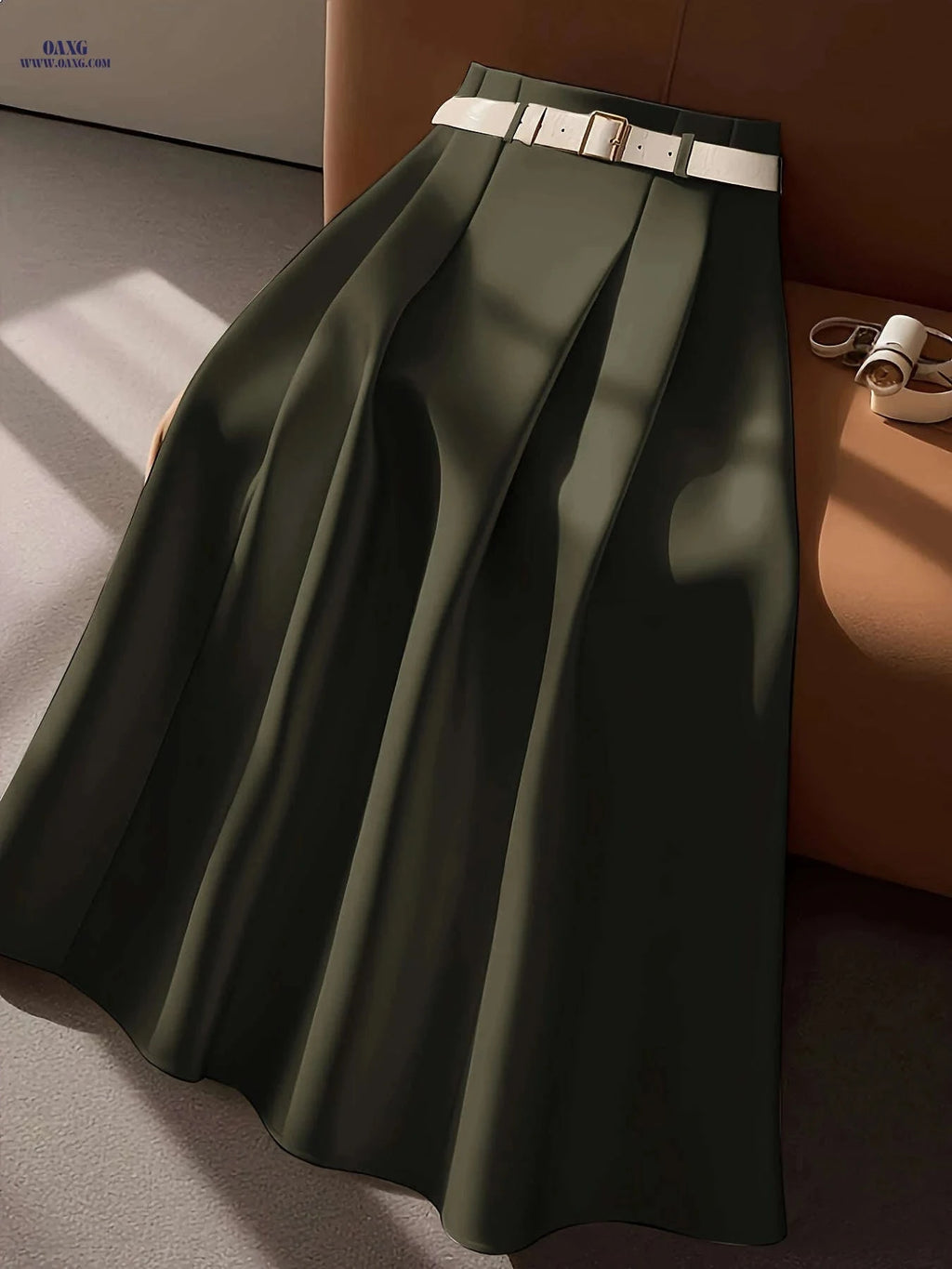Elegant High-Waisted Pleated Maxi Skirt with Belt - All-Season Style   OAXG 