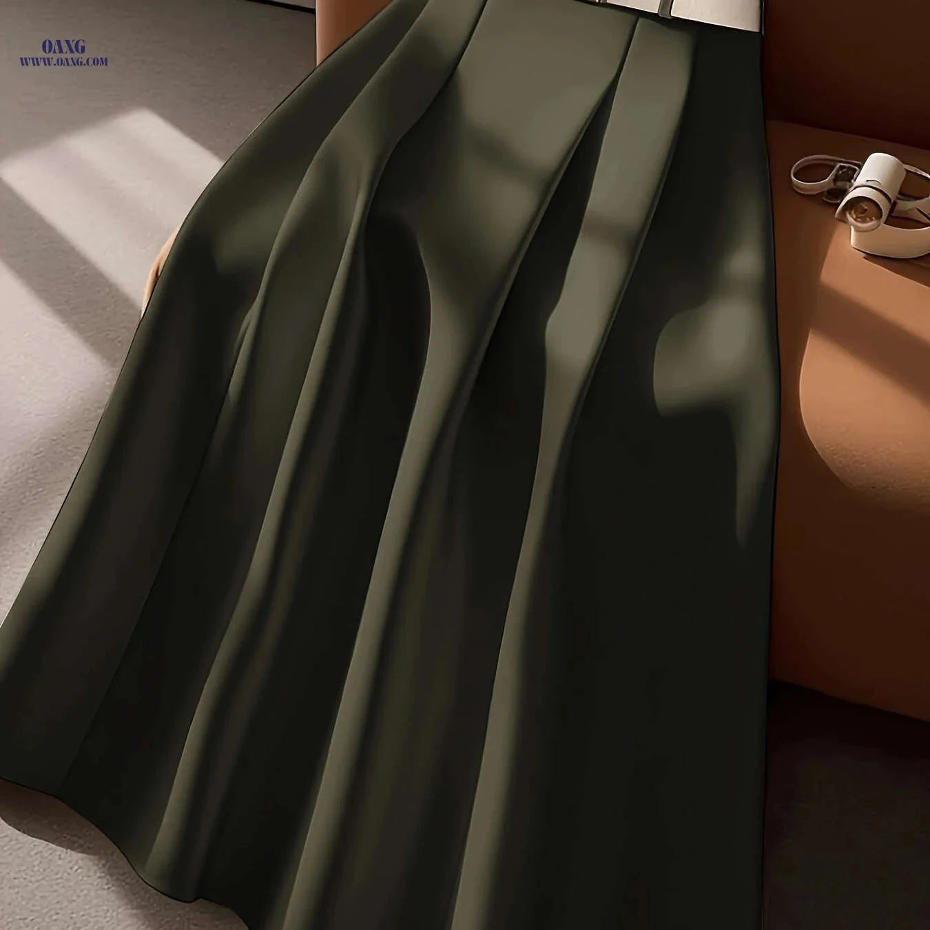 Elegant High-Waisted Pleated Maxi Skirt with Belt - All-Season Style   OAXG 