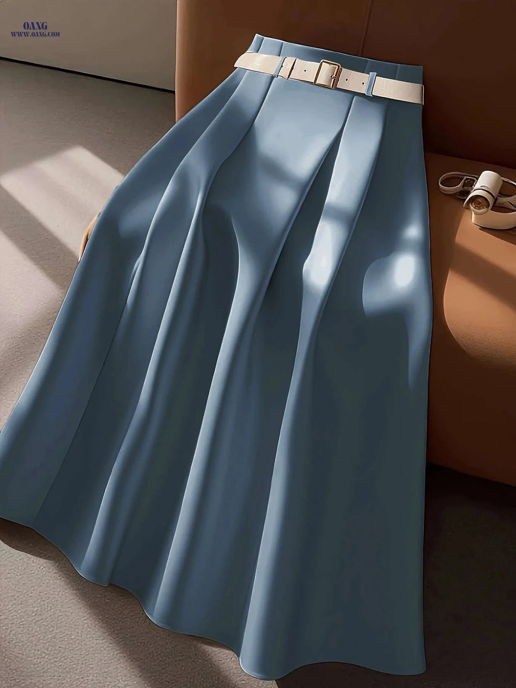 Elegant High-Waisted Pleated Maxi Skirt with Belt - All-Season Style   OAXG 