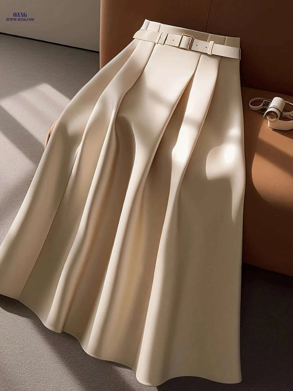 Elegant High-Waisted Pleated Maxi Skirt with Belt - All-Season Style   OAXG 